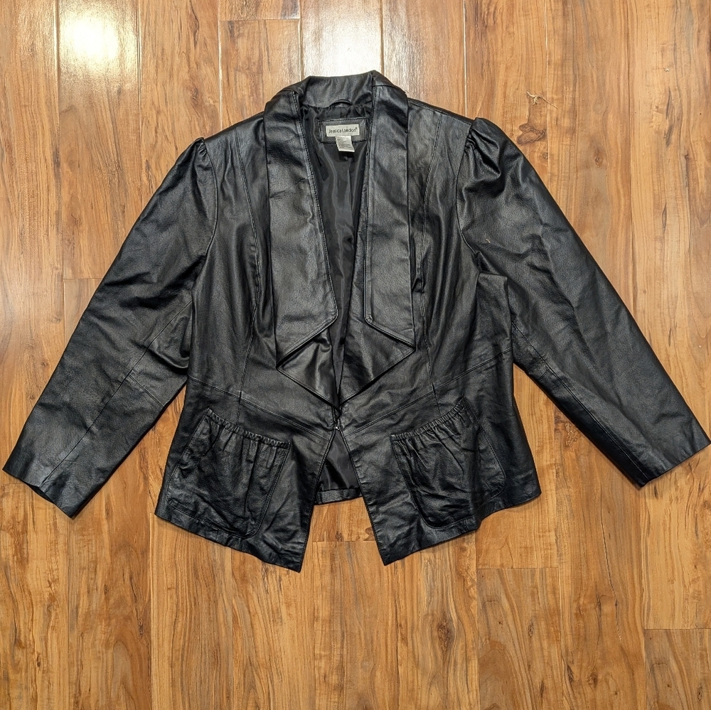Jessica London Genuine Leather Jacket Front Clasp Women's 18‎ Puff Sleeve Blazer